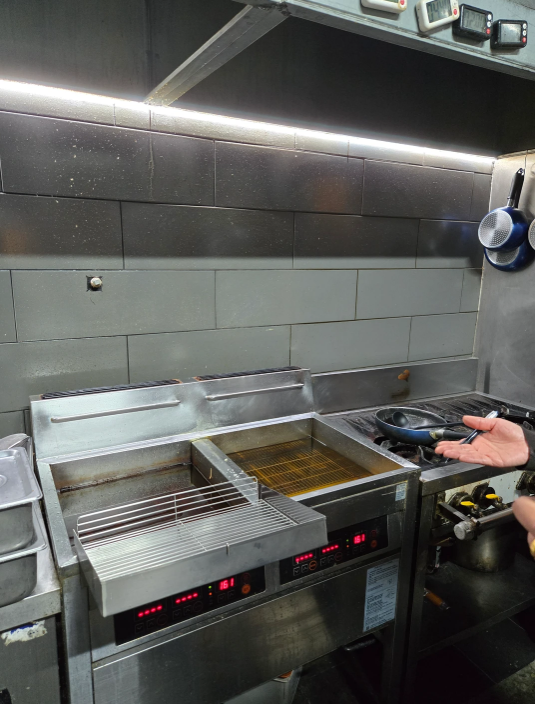Observation of a commercial kitchen environment, examining cooking equipment, ingredients, and layou